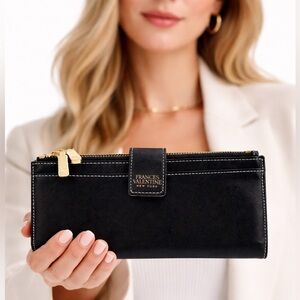 Frances Valentine Black Leather Zip Wallet Gold Hardware New York Designer